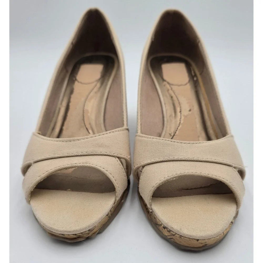LifeStride Rogue Women's 8.5M Beige Canvas Peep Toe Cork Wedge Sandals